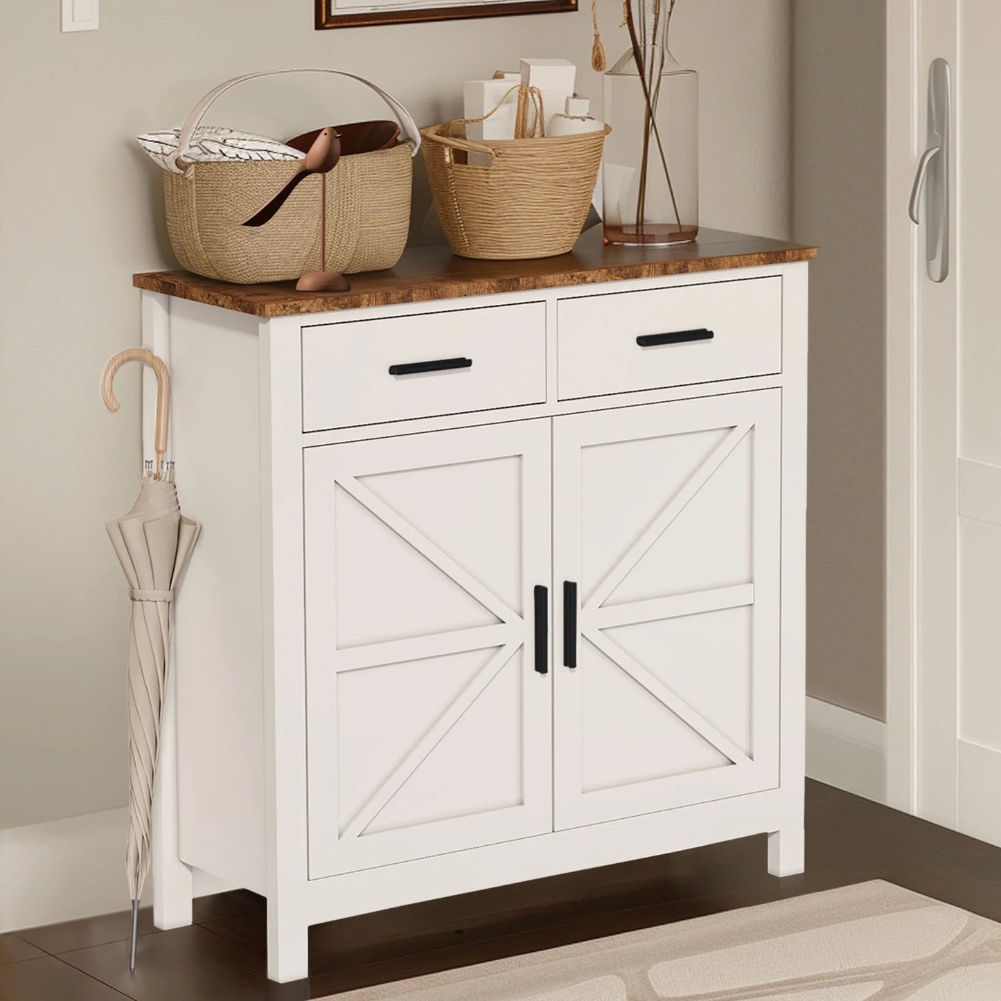 Kitchen Sideboard Buffet Cabinet, Wooden Buffet Cabinet Credenza Coffee Bar with 2 Drawers & 2 Doors, White Wood Sideboard for Living Room, Entryway, Corridor, JA3981