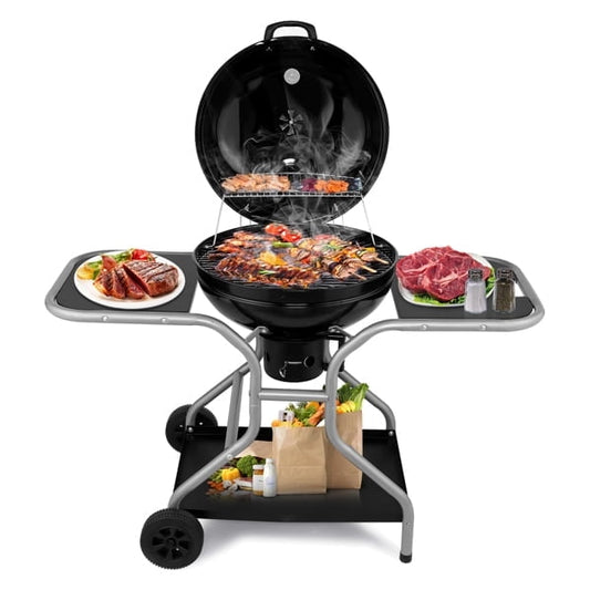 Clearance! Enyopro Kettle Charcoal Grill with 2 Side Tables, Upgraded Ash Catcher, Thermometer, Outdoor Cooking Barbecue Grill with Wheels