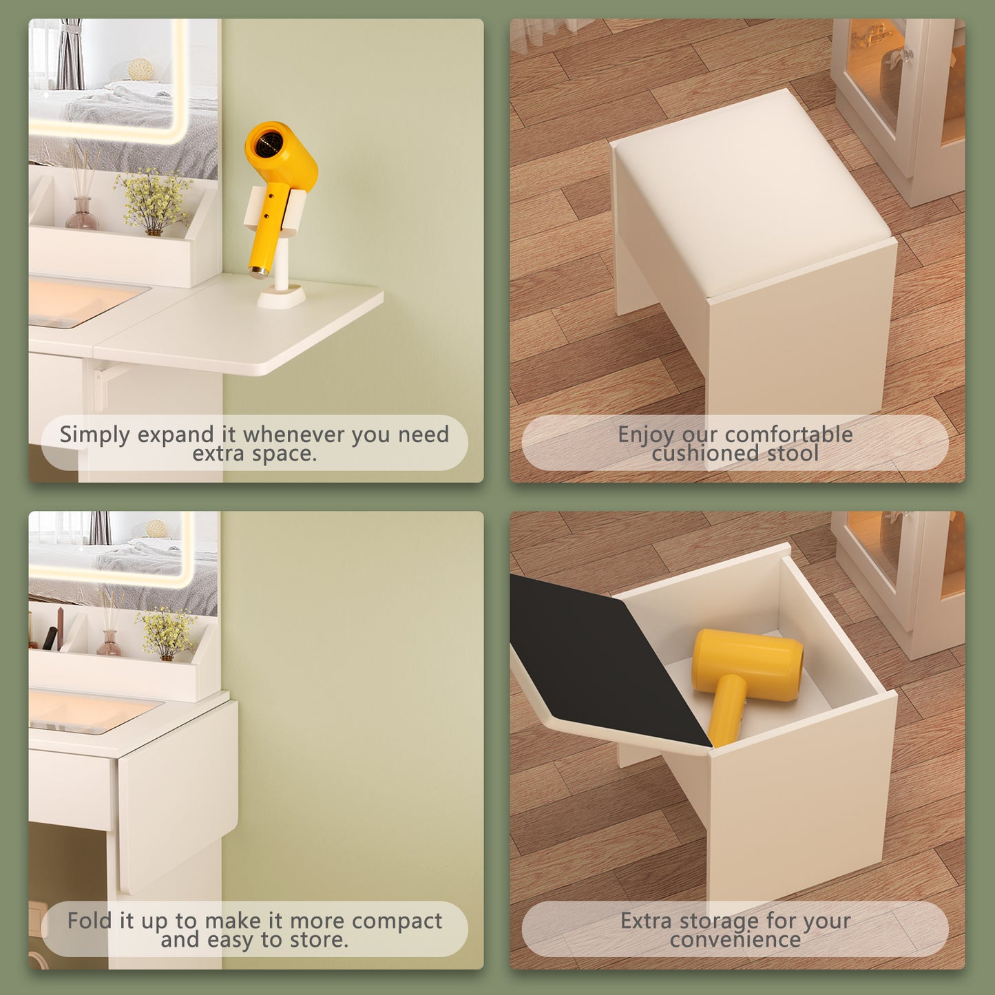SESSLIFE Small Vanity Table Set with Mirror and Lights, Makeup Vanity with Glass Top and USB Ports, Dressing Table for Bedroom with Storage Drawers and Stool, White Compact Design