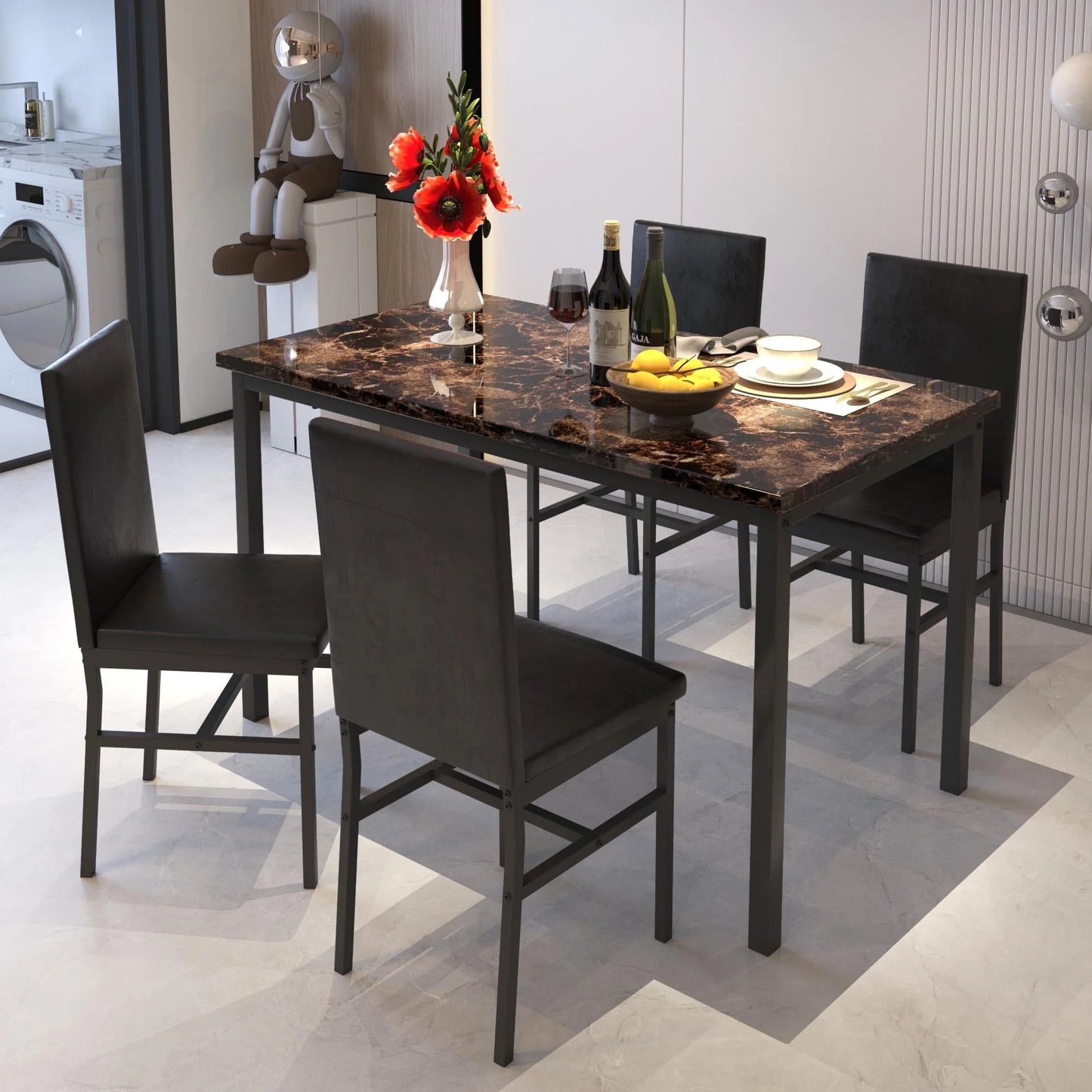 Dining Room Table Set for 4, Kitchen Table Set with 4 Upholstery Chairs Chairs, Modern Faux Marble Top Finish Dining Set for Bar, Breakfast Nook, Brown