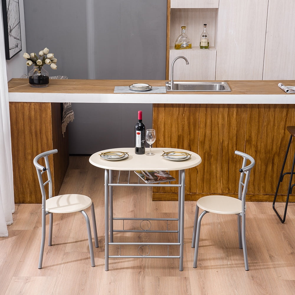 3 Piece Bar Table Set, Small Space Table Set for 2, Wooden Pub Table Set with Metal Frame and Shelf Storage, Couple Breakfast Nook Bistro Sets, Beige