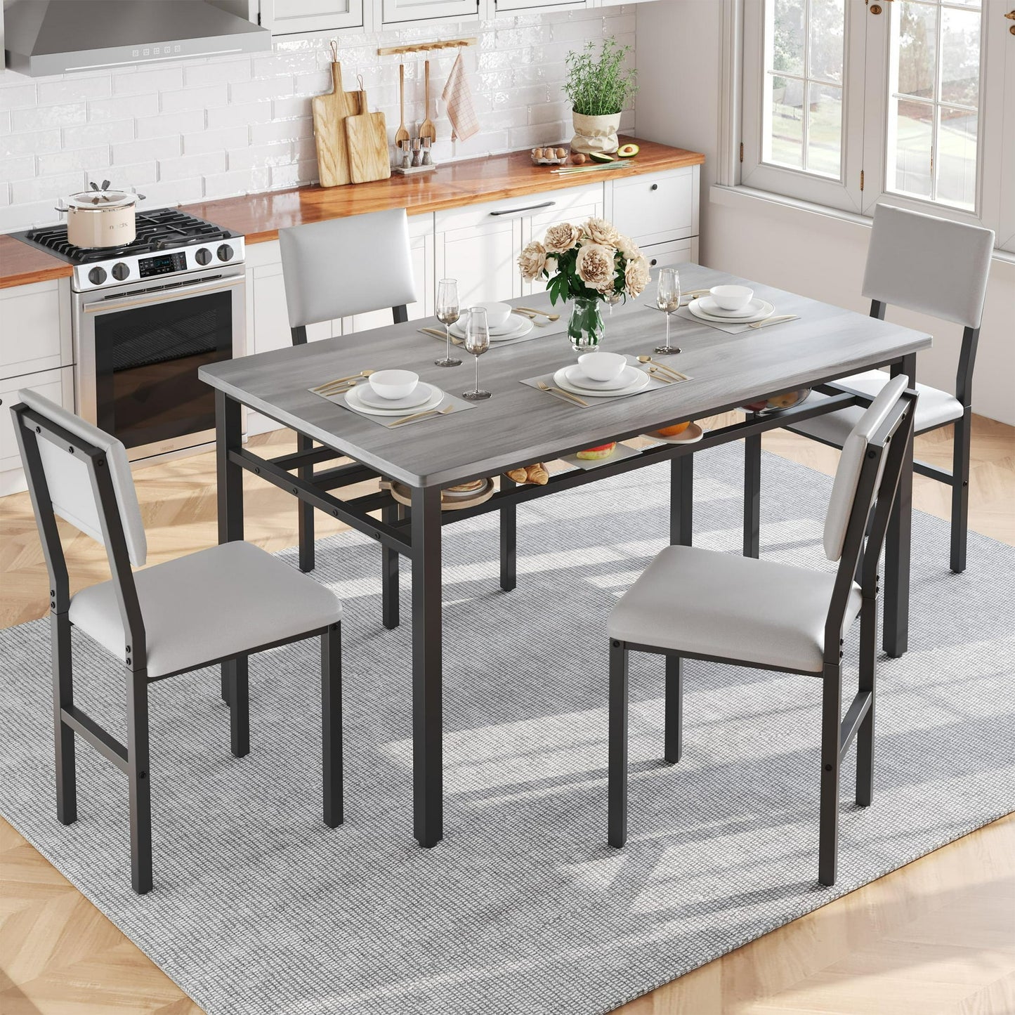 ENYOPRO 5 Pieces Dining Table Set, Modern Kitchen Wood Table and 4 Chairs for Breakfast Small Spaces, Natural and Beige
