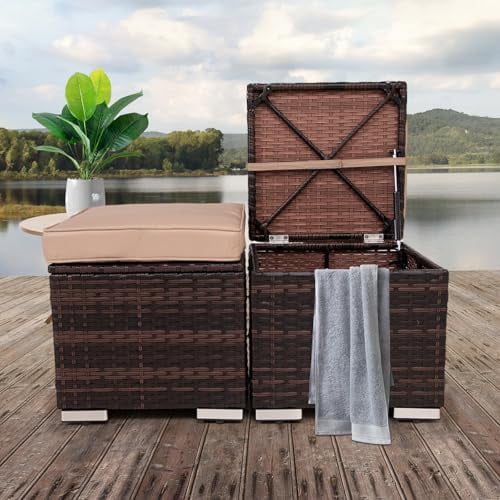 Enyopro 2 Wicker Ottomans with Storage, Multipurpose Outdoor Rattan Furniture for Patio, Backyard & Garden, Footrest, Side Table with Removable Cushions, Weather-Resistant & Durable, Brown