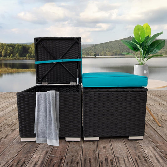 Enyopro 2 Wicker Ottomans with Storage, Multipurpose Outdoor Rattan Furniture for Patio, Backyard & Garden, Footrest, Side Table with Removable Cushions, Weather-Resistant & Durable, Blue