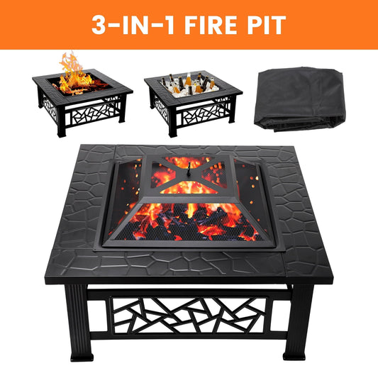 Enyopro 32" Outdoor Fire Pits, 3-in-1 Metal Fire Pit for Outside with Poker, Mesh Lid, Rain Cover, Grill tongs, Fire Grate, Fire Bowl for Patio, Backyard, and Camping