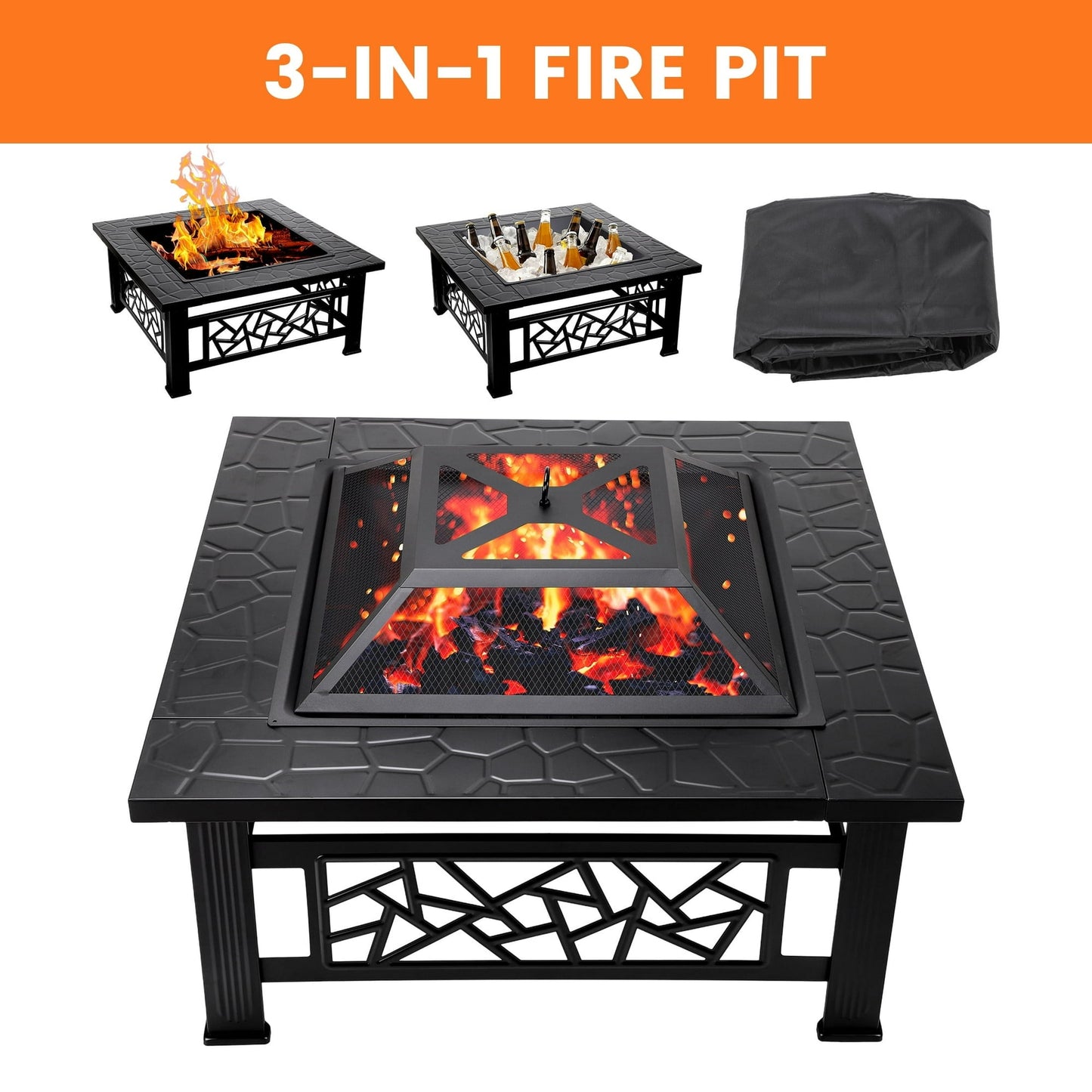 Enyopro 32" Outdoor Square Fire Pit, Wood Burning Fire Pit with Spark Screen, BBQ Grill, and Ice Bucket for Patio, Backyard, and Camping