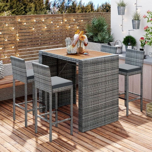 Enyopro 5-Piece Outdoor Patio Wicker Bar Set with Cushions, Acacia Wood Table Top, Non-Slip Feet, Fixed Rope, Gray & Brown