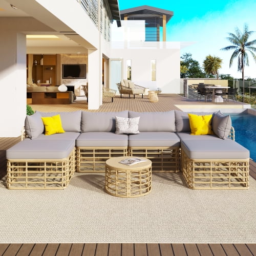 Enyopro 7-Piece Outdoor Patio Furniture Set, All-Weather Rattan Sectional Sofa with Thick Cushions & Pillows, Modular Design for Garden, Backyard, or Balcony, Gray