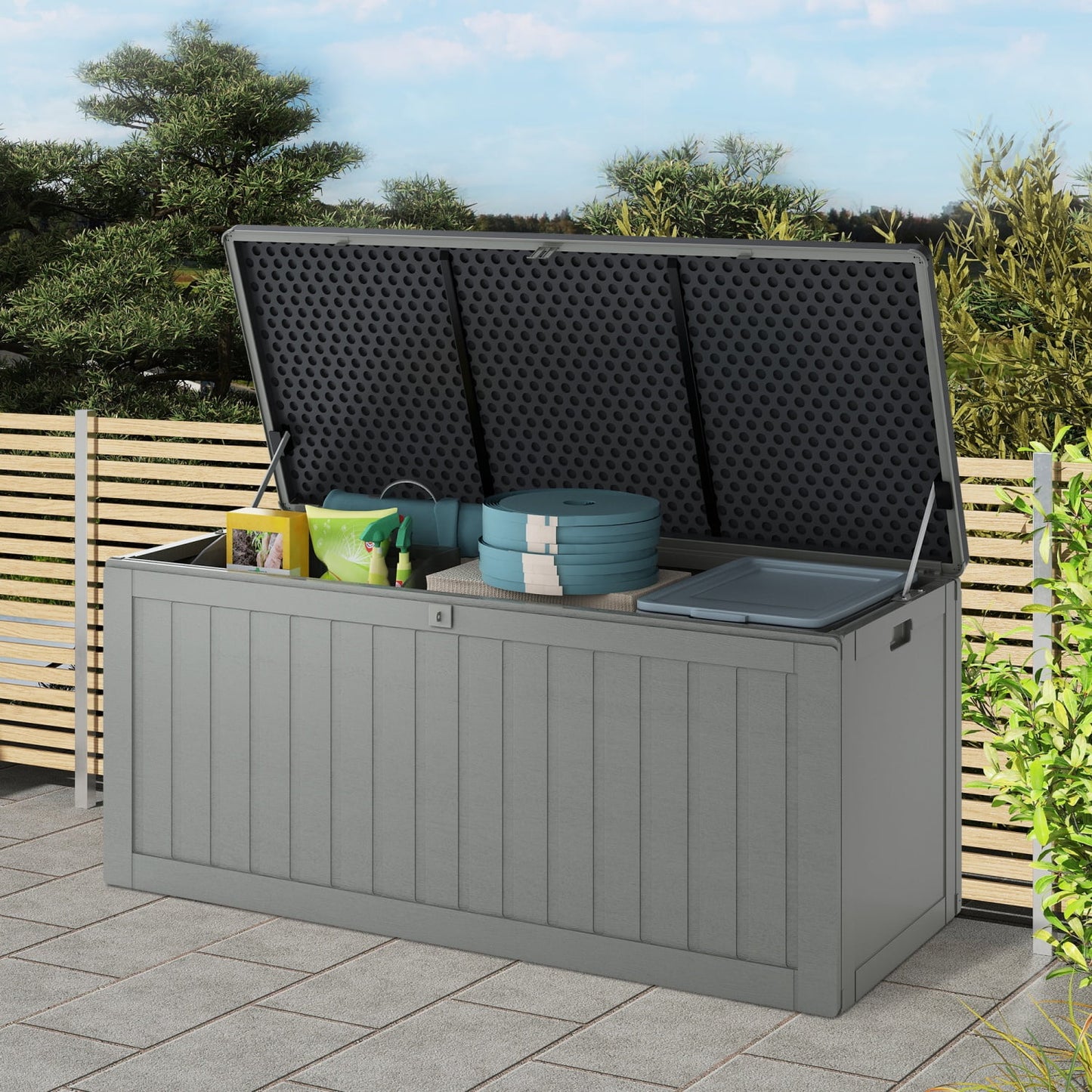 75 GAL Deck Box for Patio, Enyopro Outdoor Large Storage Cabinet, Weather-proof Patio Storage for Furniture Cushions, Garden Tools, Kids' Toys, Waterproof Storage Shed