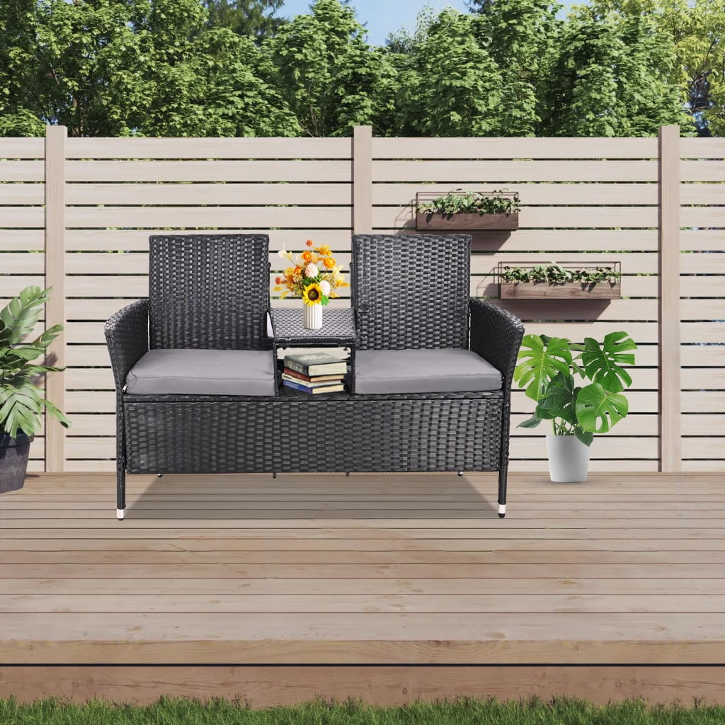 Enyopro Outdoor Loveseat, 2 Seat Loveseat with Cushions and Built-in Glass Coffee Table, Bench for Balcony Furniture Sets (Backrest Not Integrated)