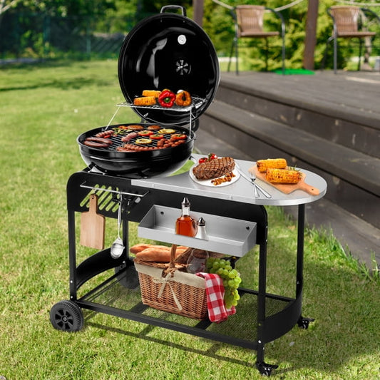 Enyopro Portable Charcoal Grill with Cart, BBQ Charcoal Grill with Porcelain-Enameled Lid, Slide Out Ash Catcher Thermometer for Barbecue Camping Outdoor, Picnic, Backyard