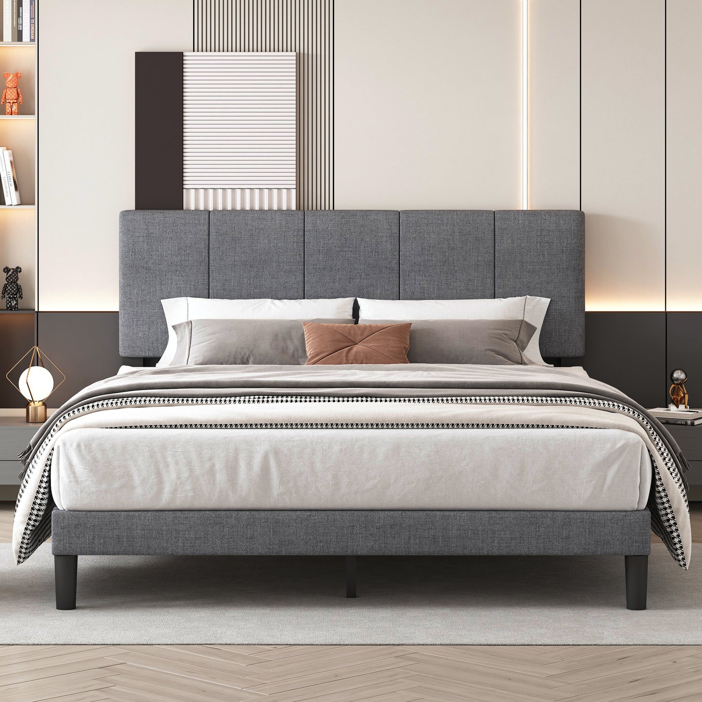 Sesslife Queen Bed Frame, Platform Bed Frame Queen Size with Modern Fabric Upholstered Headboard and Wooden Slats Support, Bedroom Furniture, No Box Spring Needed, Easy Assembly, Dark Grey