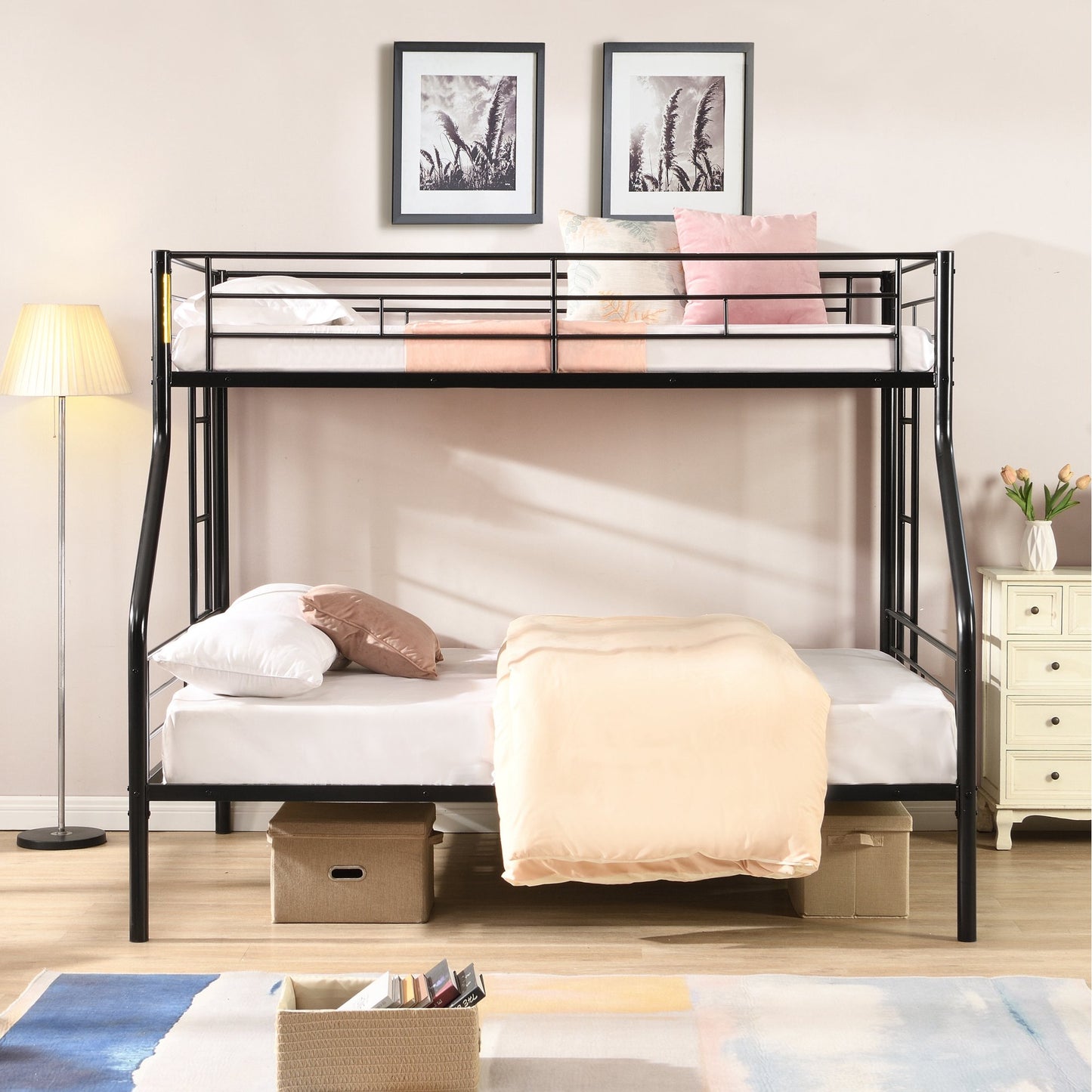 Metal Twin XL over Queen Bunk Bed for Teens, Heavy Duty with Guardrails for Kids, Easy to Assemble, Black