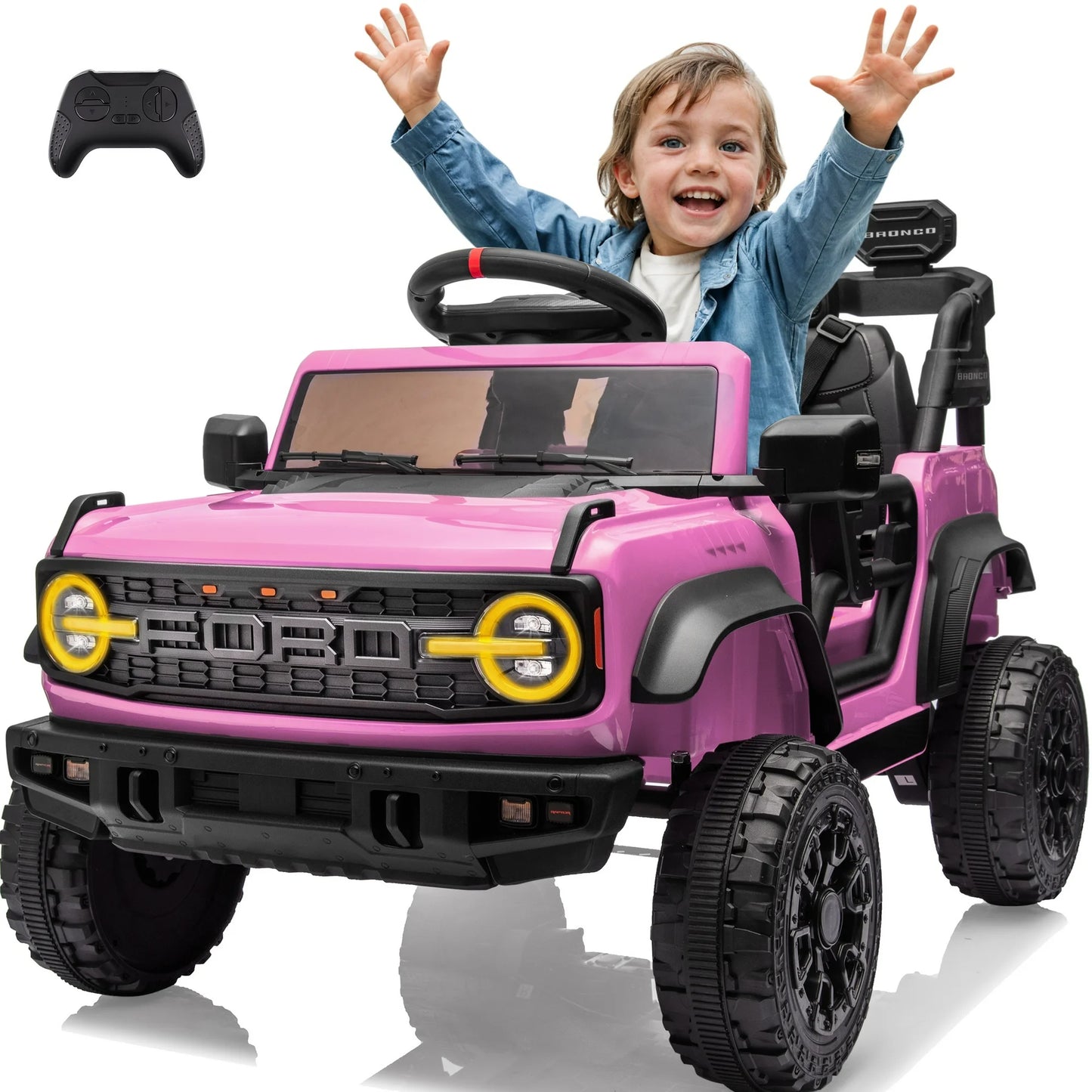 Ford Bronco Raptor Powered Ride on Truck, 12V Powered Kids Ride on Toy Cars with Remote Control, Bluetooth, LED, MP3, Safety Belt, 4 Wheelers, Electric Car for Kids Girls 3-5 Gift, Black