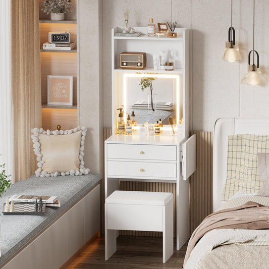 Sesslife Vanity Desk with LED Lighted Mirror and 2 Drawers, Makeup Vanity Set with Storage Stool and Folding Panel for Girls Women, Modern Makeup Dressing Table Set for Bedroom Dressing Room, White