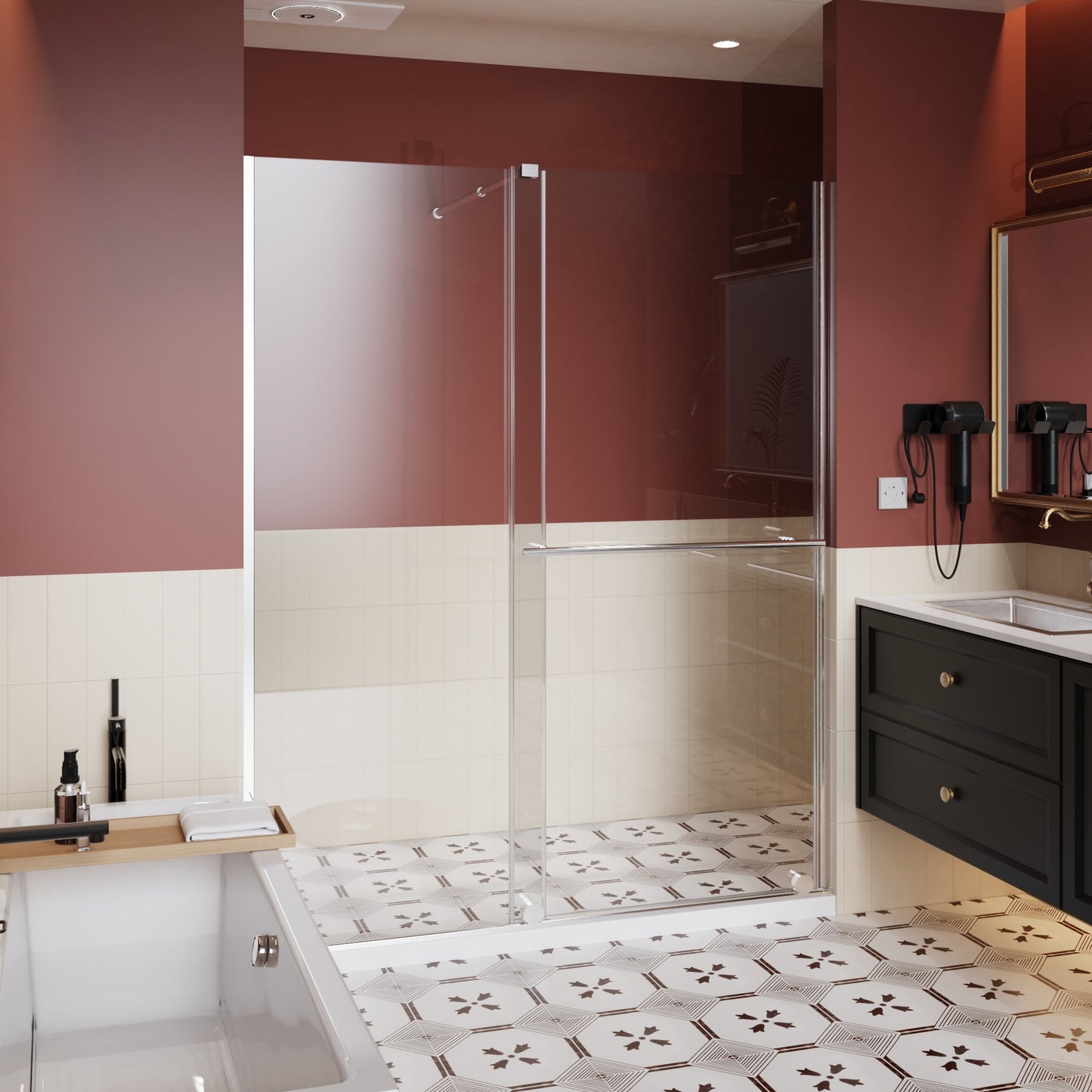 SESSLIFE 60"W x 72"H Adjustable Sliding Glass Shower Door, Frameless Bathtub Door with Dual Usage Walk-In Shower Screen, Stainless Steel Handle and Support Bar, Matte Black