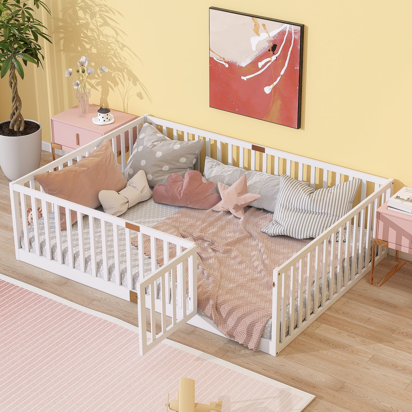 SESSLIFE Twin Montessori Floor Bed Frame with High Rails and Door, Wood Twin Floor Bed with Slats, Low Profile Kids Bed Frame for Boys Girls, No Box Spring Needed, White