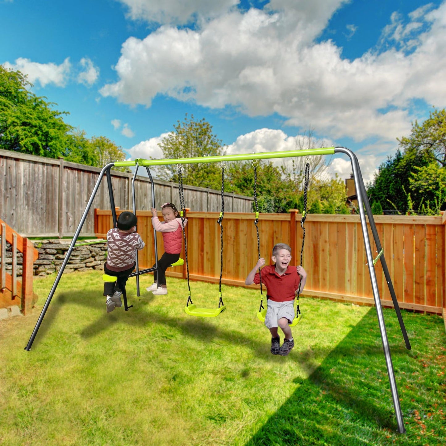 Metal Swing Set for Outside, Kids Backyard Swing Set with Swing Chair, Glider, Ground Nail, 3 In 1 Outdoor Swing Set