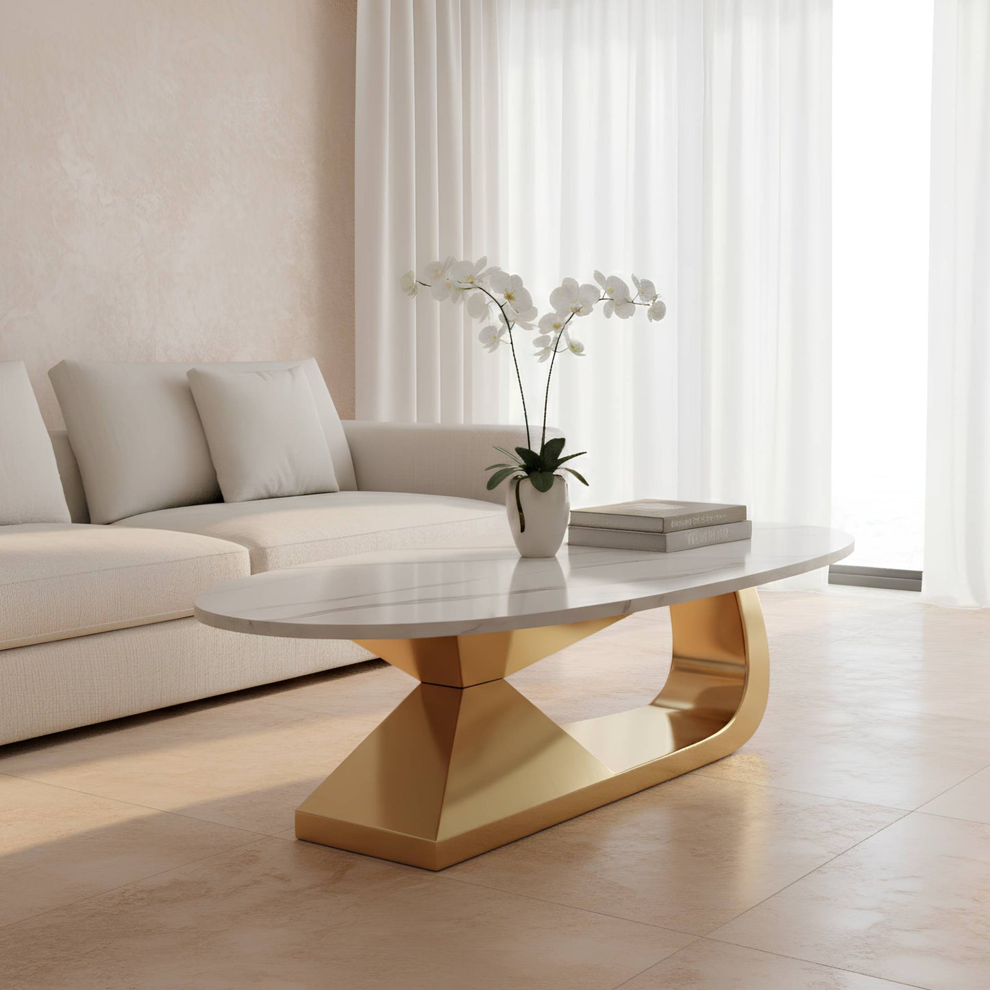 SESSLIFE Modern Coffee Table with Sintered Stone Top and Stainless Steel Base, Elegant Oval Design for Living Room, Scratch-Resistant and Heatproof, Gold