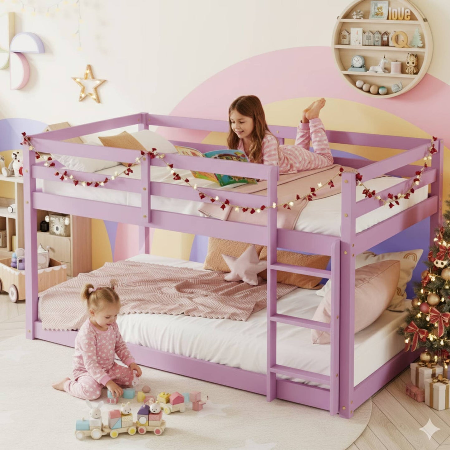 SESSLIFE Bunk Bed Twin Over Twin, Low Floor Bunk Bed with Guard Rails for Dorm, Small Space, No Box Spring Needed(White)