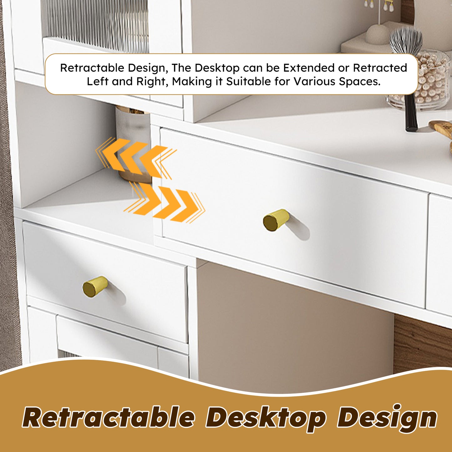 SESSLIFE Makeup Vanity Desk with 3 Color Lights and Mirror, Dressing Table with 3 Drawers, Storage Shelves and Cabinets, LED Vanity Table with Adjustable Brightness for Bedroom, White