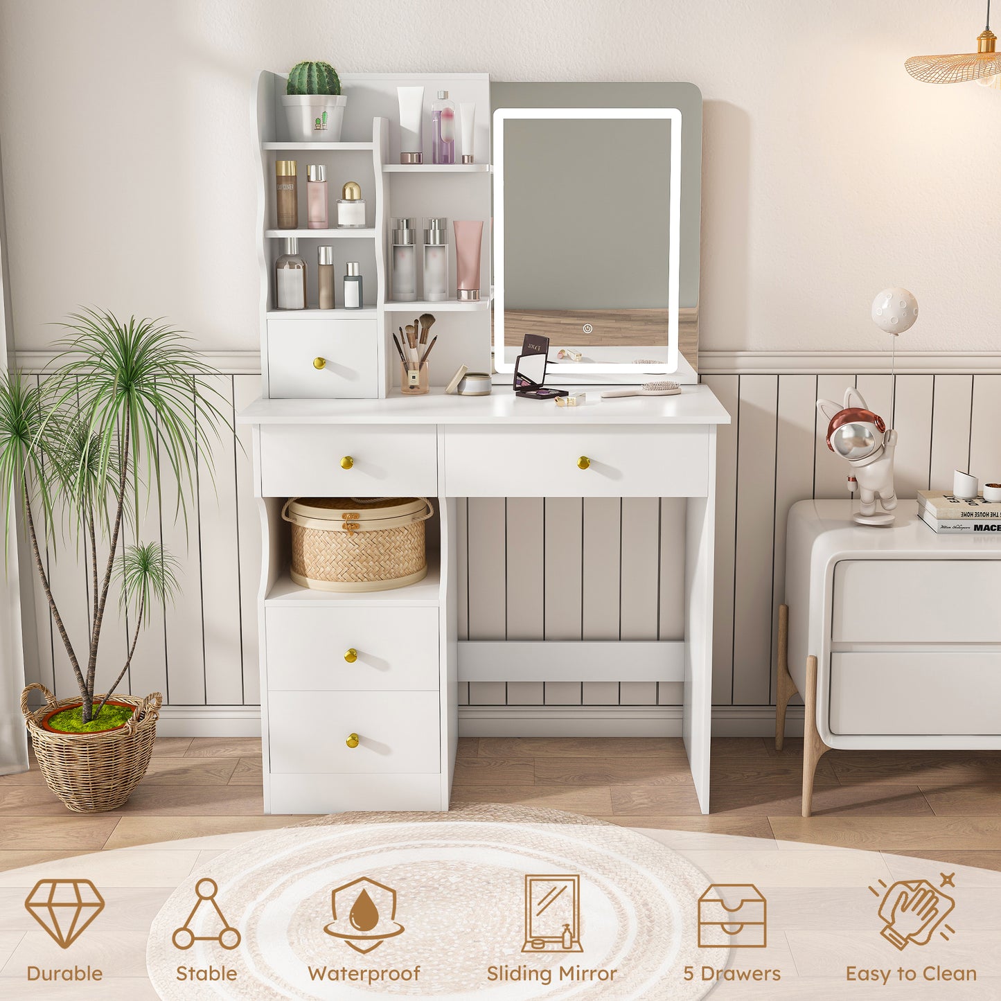 SESSLIFE Vanity Desk with 3 Color Lights and Mirror, 5-Drawer Makeup Dressing Table with Storage, LED Lighted Vanity Table , Makeup Vanity with Drawers for Bedroom, White