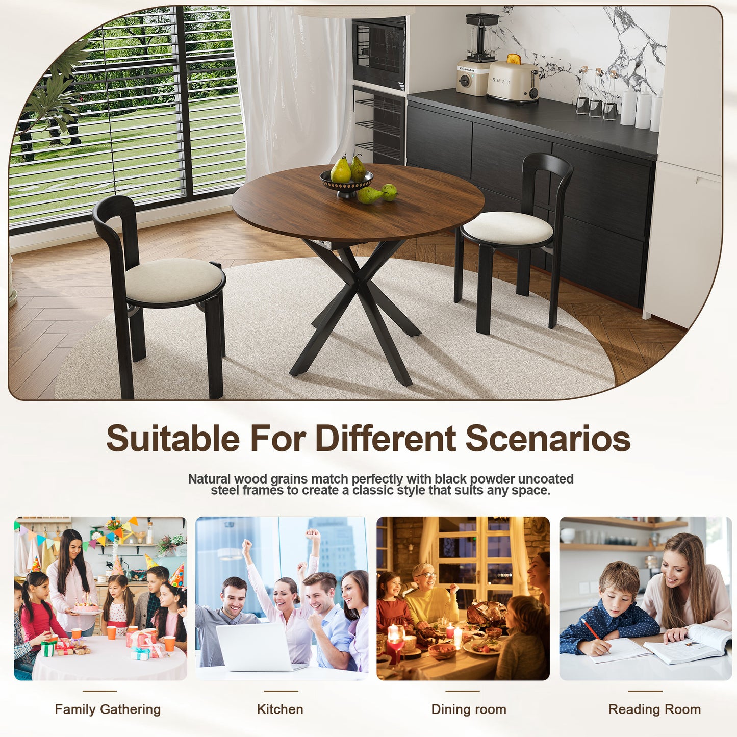 SESSLIFE 58" Extendable Round Dining Table for 6 People, Retractable Expandable Kitchen Table with Iron Base, Modern and Simple Solid Wood Veneer Dining Room Table for Small Space, Walnut