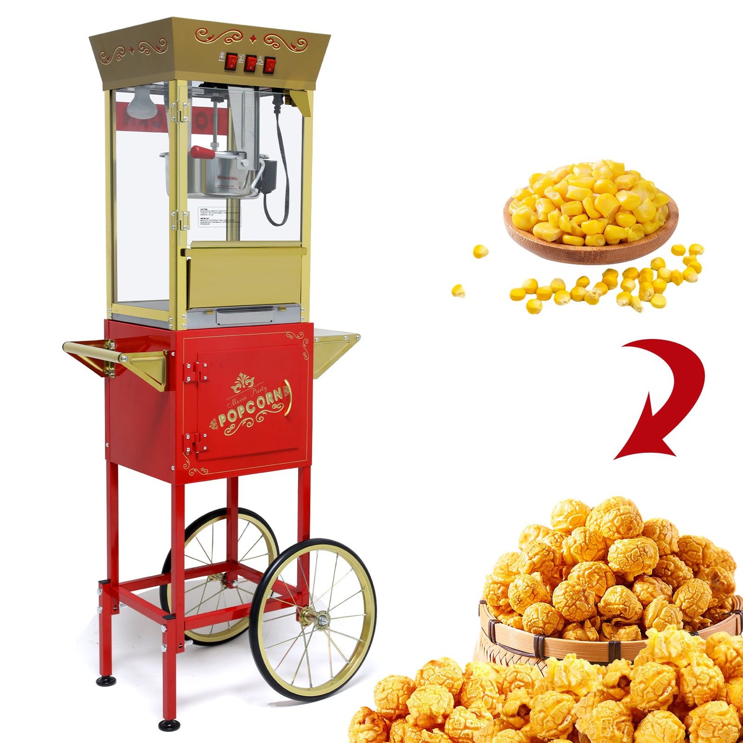 Commercial Popcorn Machine with Cart, 480W Popcorn Maker Machine, Popcorn Popper Machine with 6 oz Stainless Steel Kettle, Heated Deck, Storage Cabinet & 2 Wheels for Parties