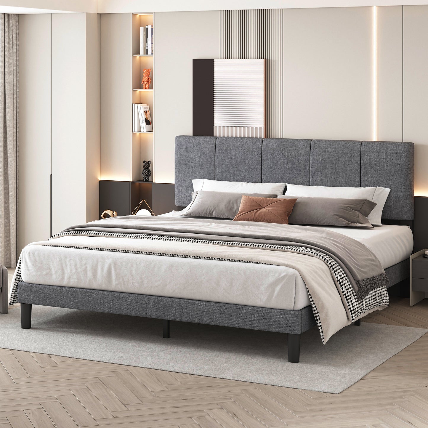 Sesslife Queen Bed Frame, Platform Bed Frame Queen Size with Modern Fabric Upholstered Headboard and Wooden Slats Support, Bedroom Furniture, No Box Spring Needed, Easy Assembly, Dark Grey