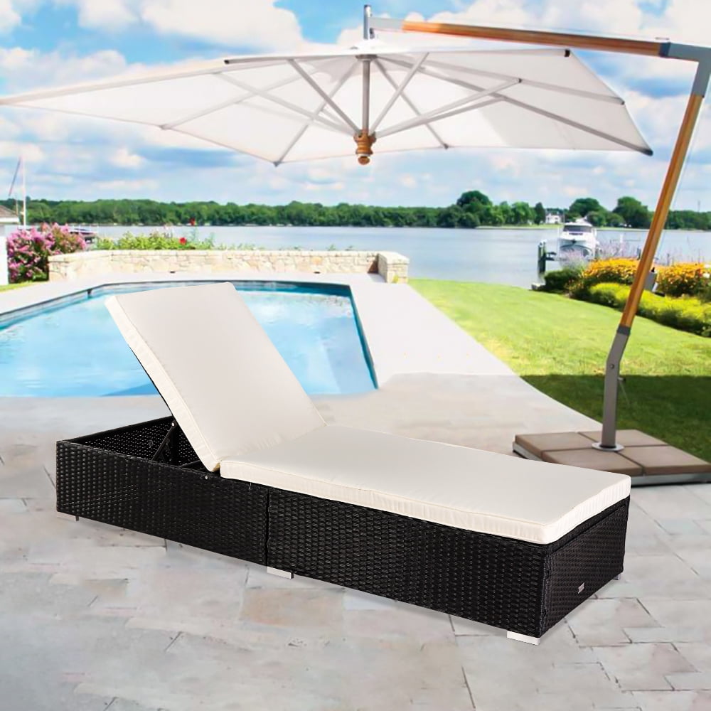 Rattan Chaise Lounge, Outdoor Lounge Chair with 5 Backrest Angles , Elegant Chaise Lounge Chair with Canopy, Patio Reclining Chairs Furniture for Poolside, Deck, Backyard