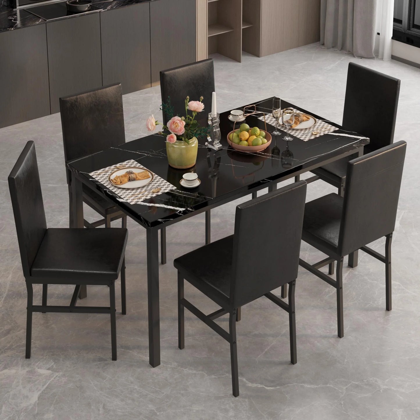 Rectangle Dining Table Set for 6, 7 Pieces Dining Set, Black Dine Table and 6 Velvet Leather Chairs, Compact Kitchen Table Set for Home, Breakfast Nook, Cafeteria Dining Room, JA4312