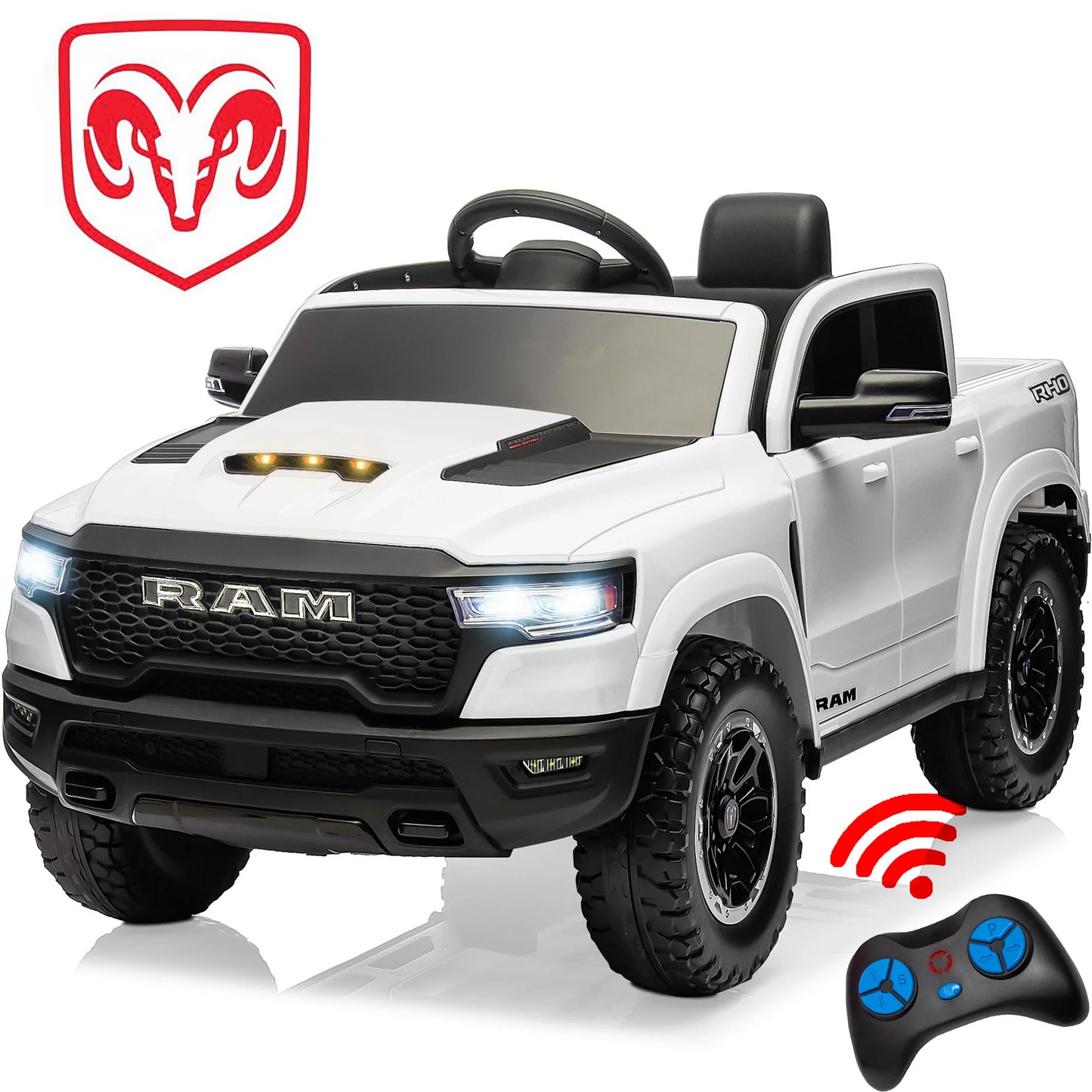 Ride on Car Toys for Kids, Ram 1500 Ride on Truck Toy with Remote Control, 4 Wheels Suspension Electric Car for Boys Girls 3-6 W/Key Switch, Bluetooth, Rear Storage Trunk, Safety Belt