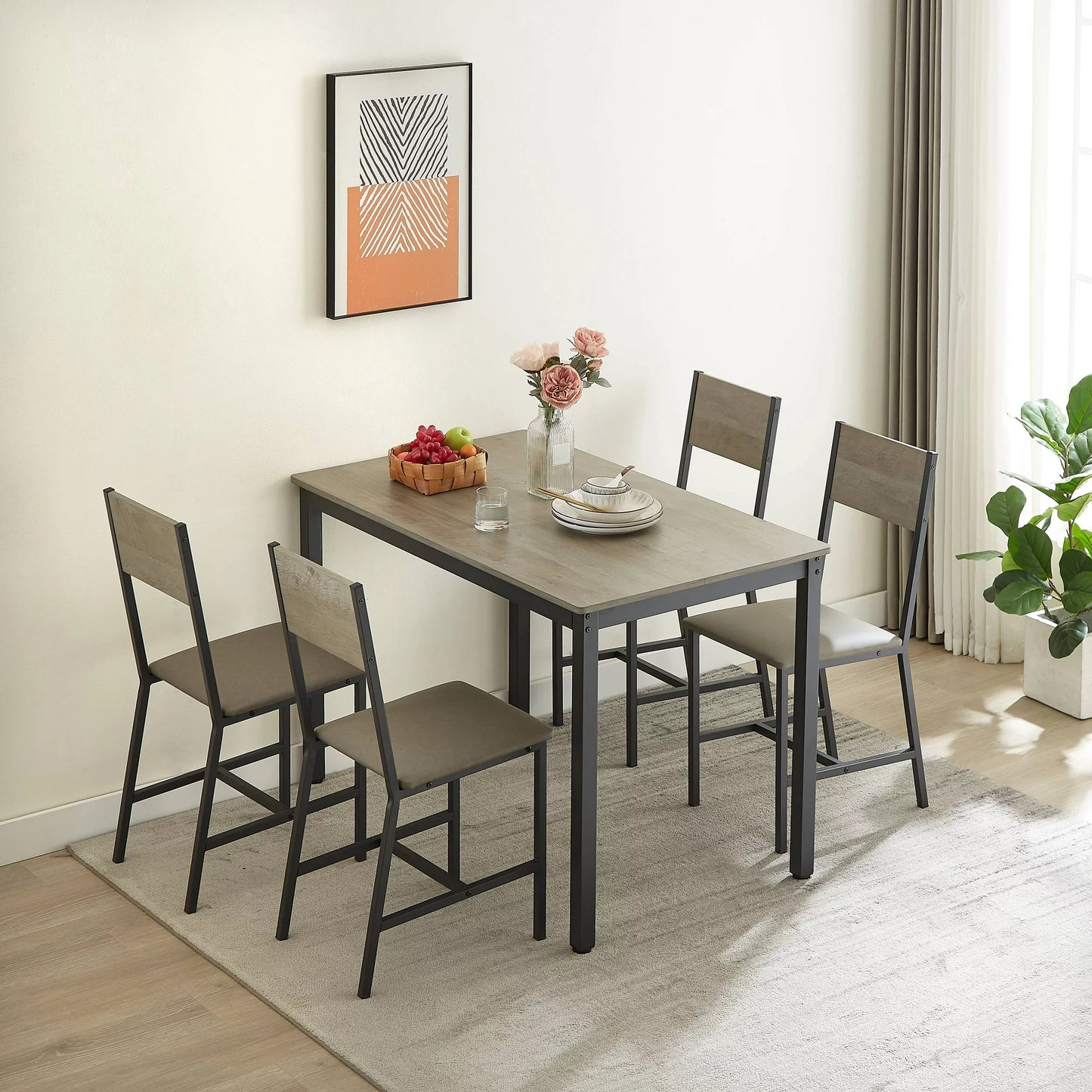 SESSLIFE 5 Piece Dining Table Set for Dining Room Kitchen, Table and Chairs Set for 4 Persons, Metal Frame & Upholstered Seat, Home Kitchen Breakfast Table, Rustic Brown