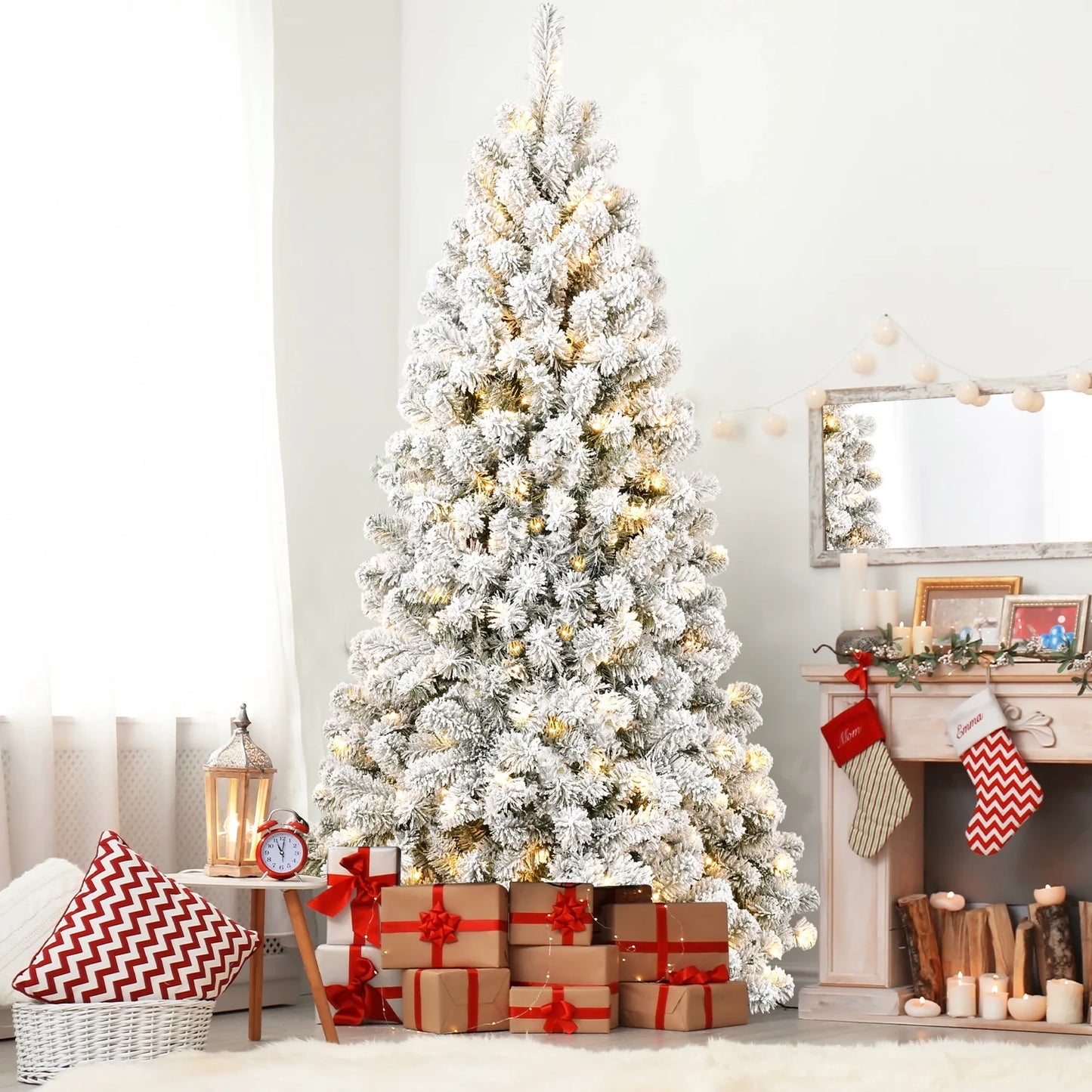 SESSLIFE 7 Feet Pre-lit Christmas Tree, Artificial Hinged Christmas Tree with 1064 Tips and 400 Lights, White Christmas Trees for Indoor and Outdoor Holiday Decoration