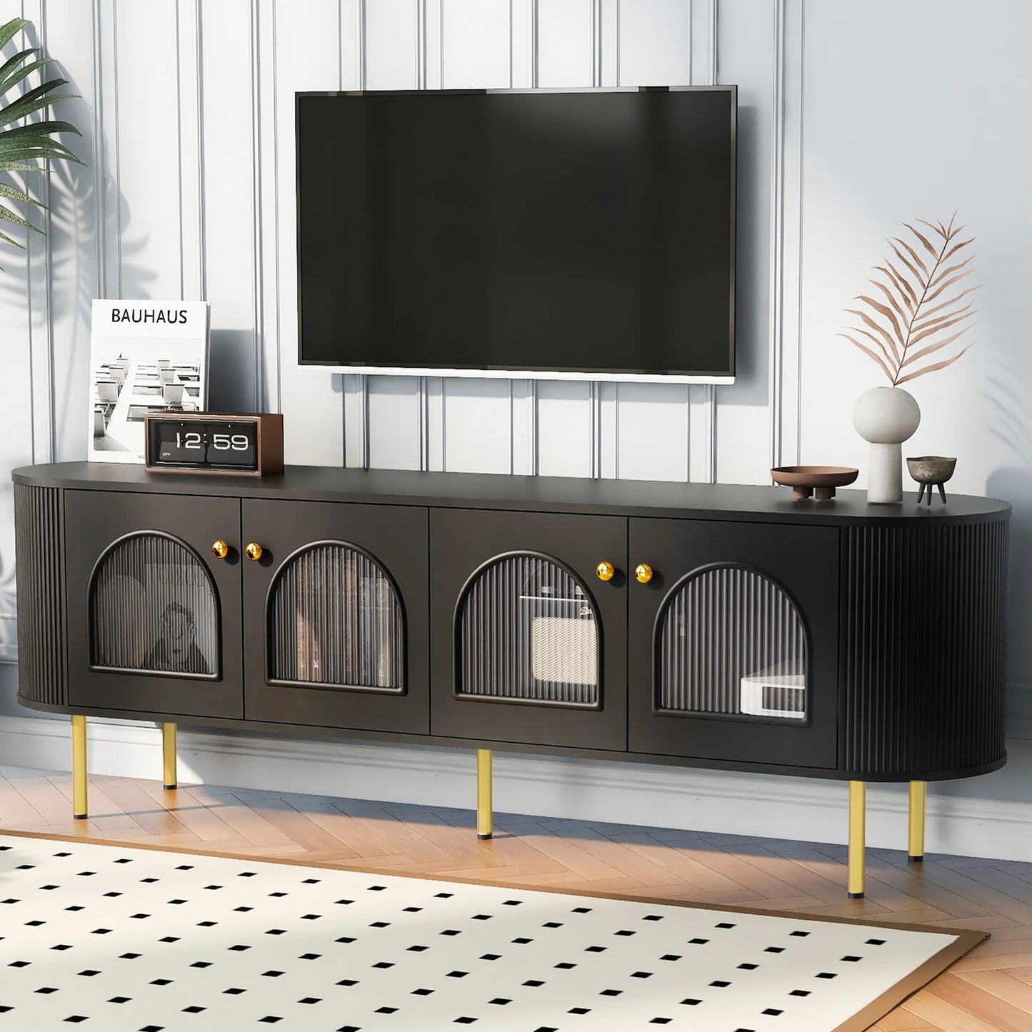 SESSLIFE Black TV Stand with 4 Cabinets for 80 Inch TV, Modern TV Cabinet with Metal Legs and Handles, Living Room Entertainment Center
