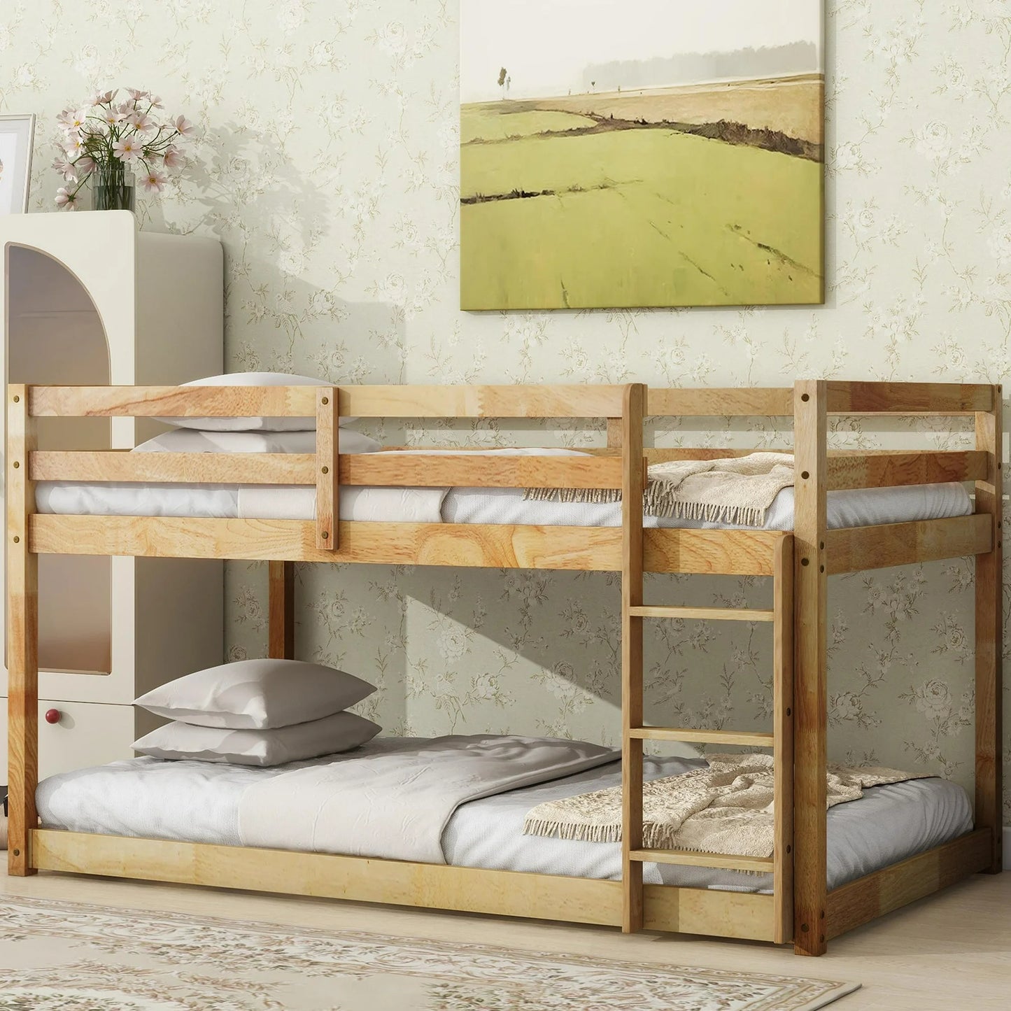 Bunk Bed Twin Over Twin, Sturdy Wood Bed Frame with Flat Ladder and Guardrail, White Bunk Bed for Children Teens Adults, No Box Spring Needed, Easy Assembly