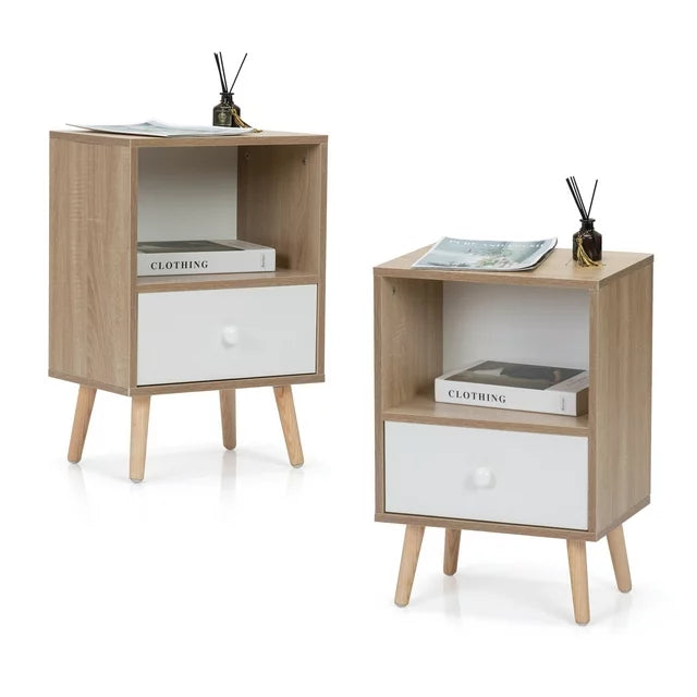 SESSLIFE End Side Table Set of 2 with a Drawer, Wood Bedside Table, Versatile Nightstand, Storage Shelf, Side Table for Home & Office, Gray