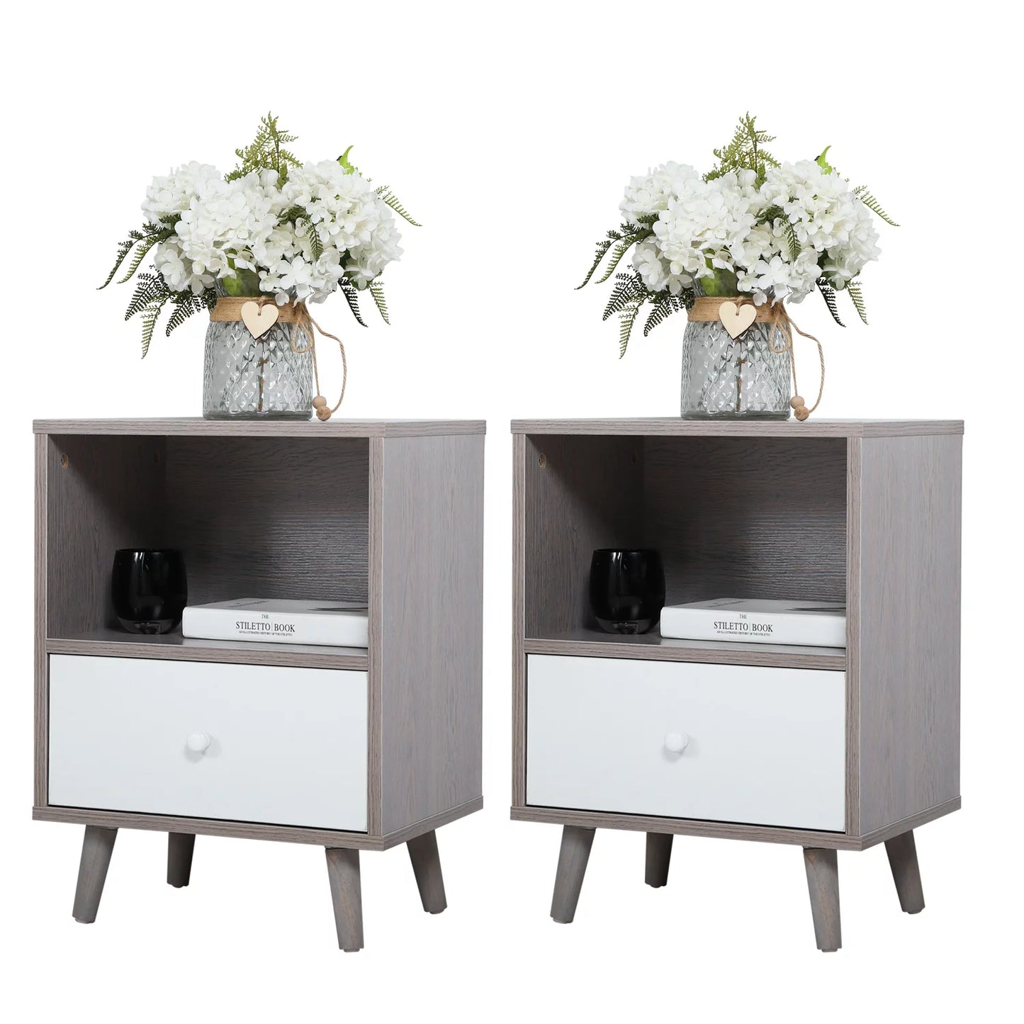 SESSLIFE End Side Table Set of 2 with a Drawer, Wood Bedside Table, Versatile Nightstand, Storage Shelf, Side Table for Home & Office, Gray