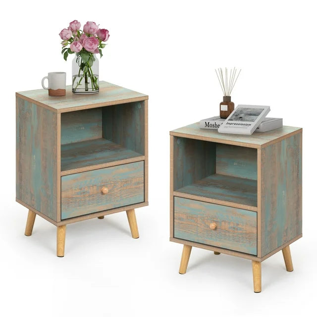 SESSLIFE End Side Table Set of 2 with a Drawer, Wood Bedside Table, Versatile Nightstand, Storage Shelf, Side Table for Home & Office, Gray