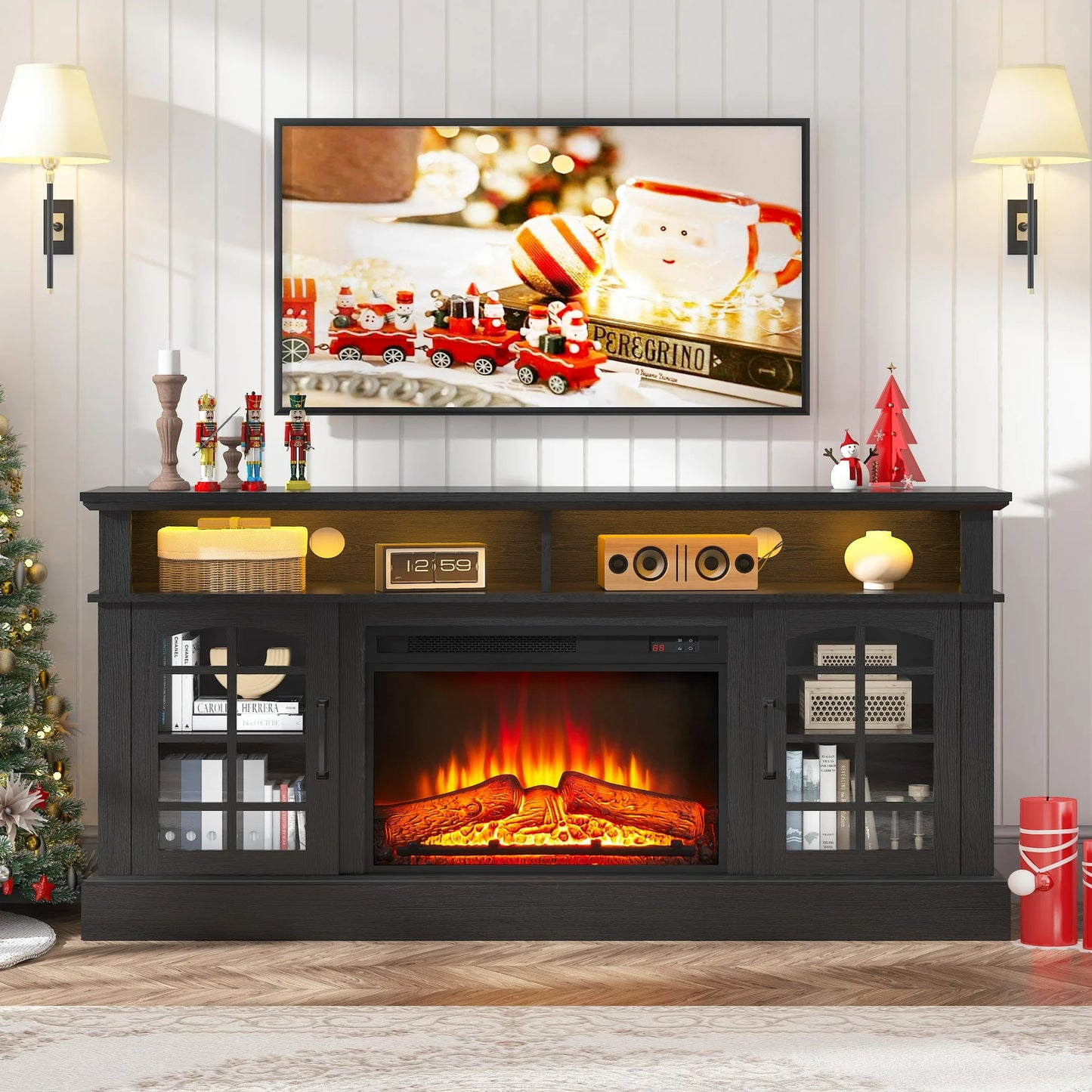 SESSLIFE Fireplace TV Stand with LED Light for 65 Inch TV, TV Console with Electric Fireplace, Console Entertainment Center Television Table for Living Room or Bedroom, White+Brown