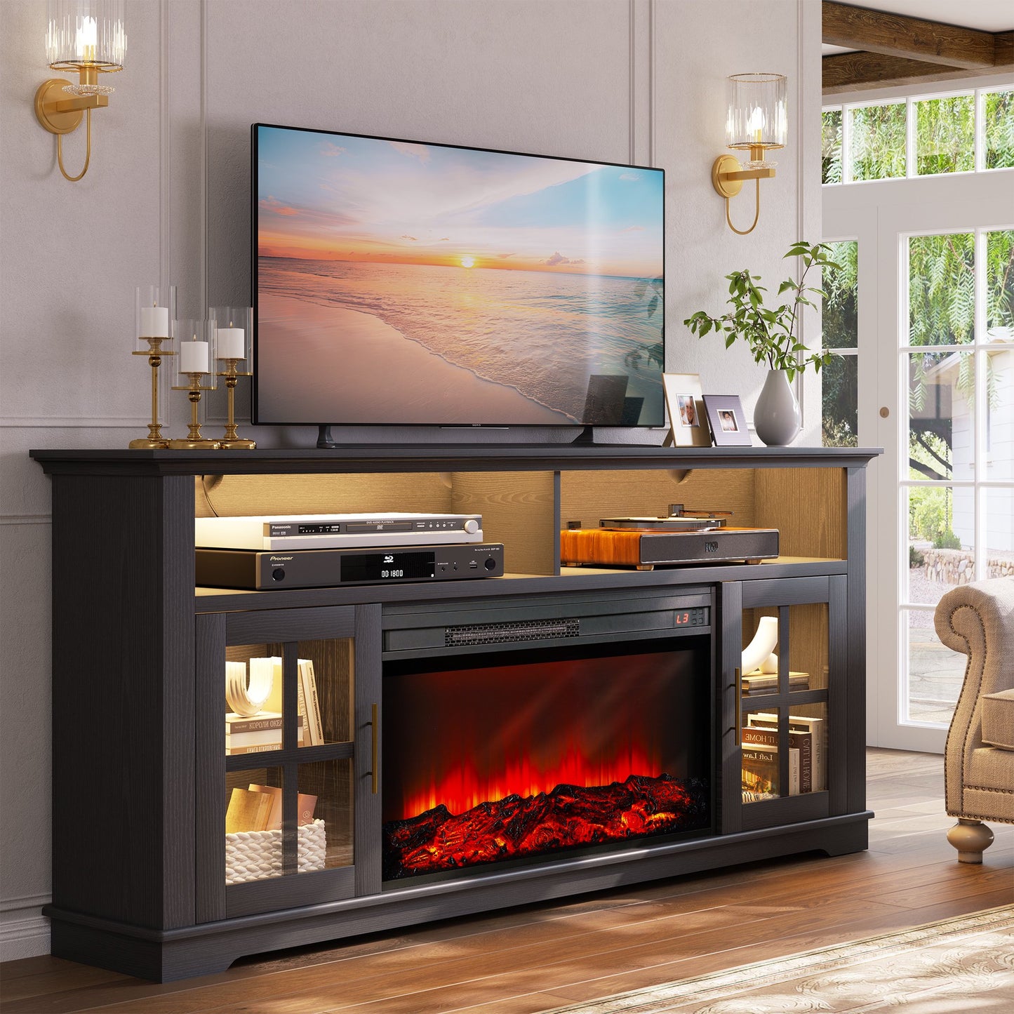 SESSLIFE Fireplace TV Stand for TVs up to 70'' Inch TV, LED Entertainment Center with 23''Electric Fireplace, Modern Television Table Center With APP Control for Living Room, White