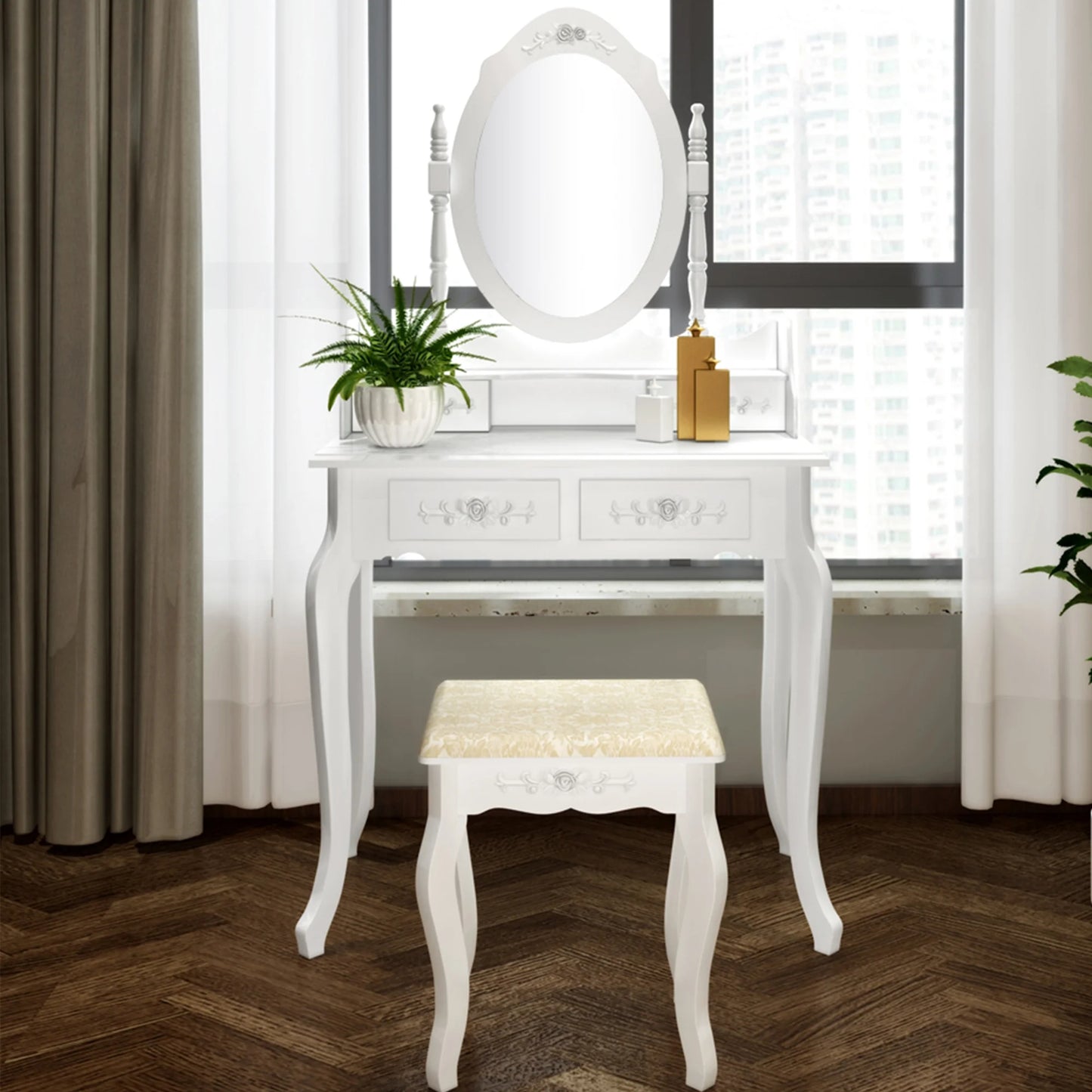 Sesslife Makeup Vanity with Mirror and 10 LED Lights, Modern Makeup Table Set with 5 Drawers for Girls Women, Vanity Desk with Cushioned Stool Set for Bedroom, Dressing Vanity Table Set, White