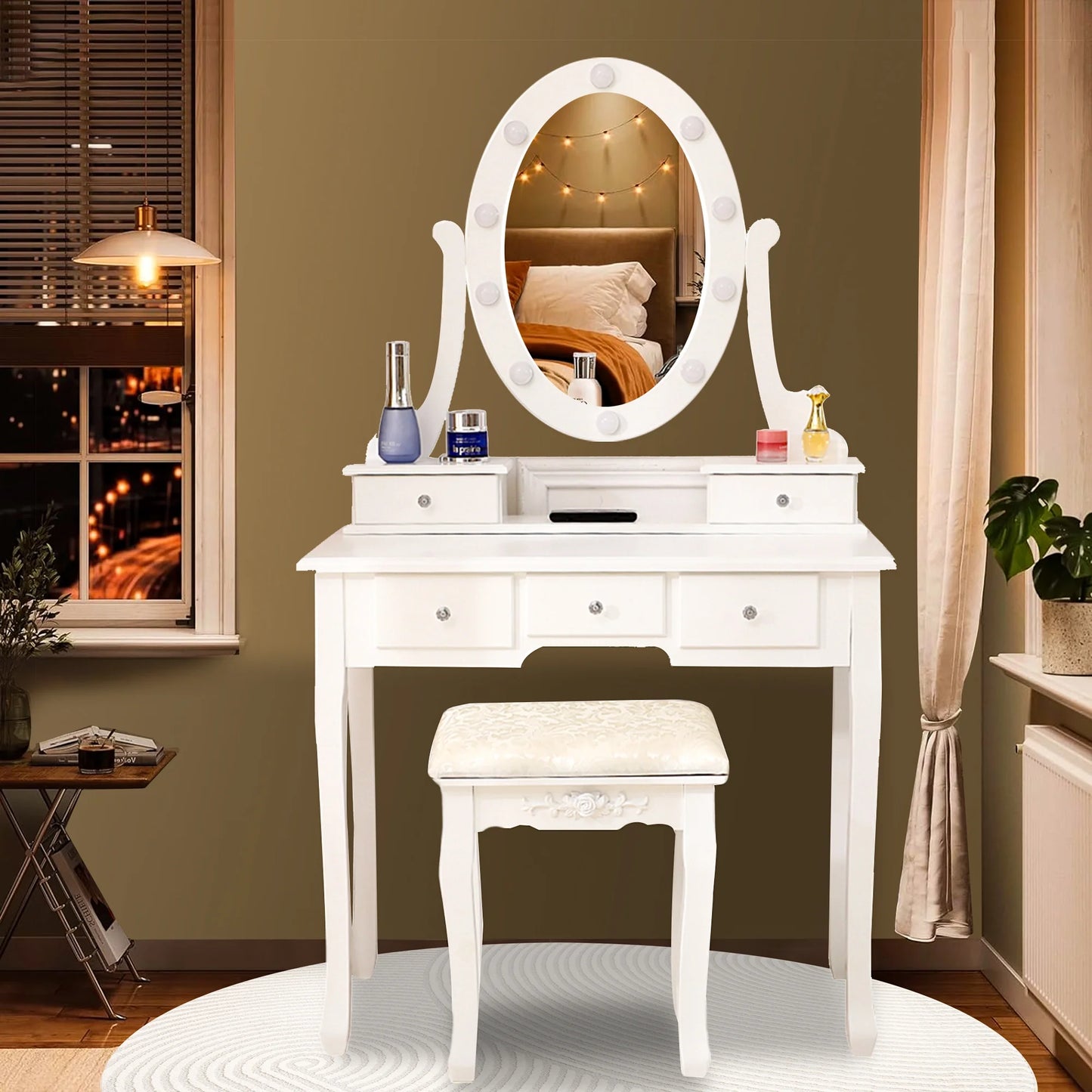 SESSLIFE Makeup Vanity with Mirror, Elegant Makeup Table Set, Vanity Desk with 4 Drawers & Stool,White