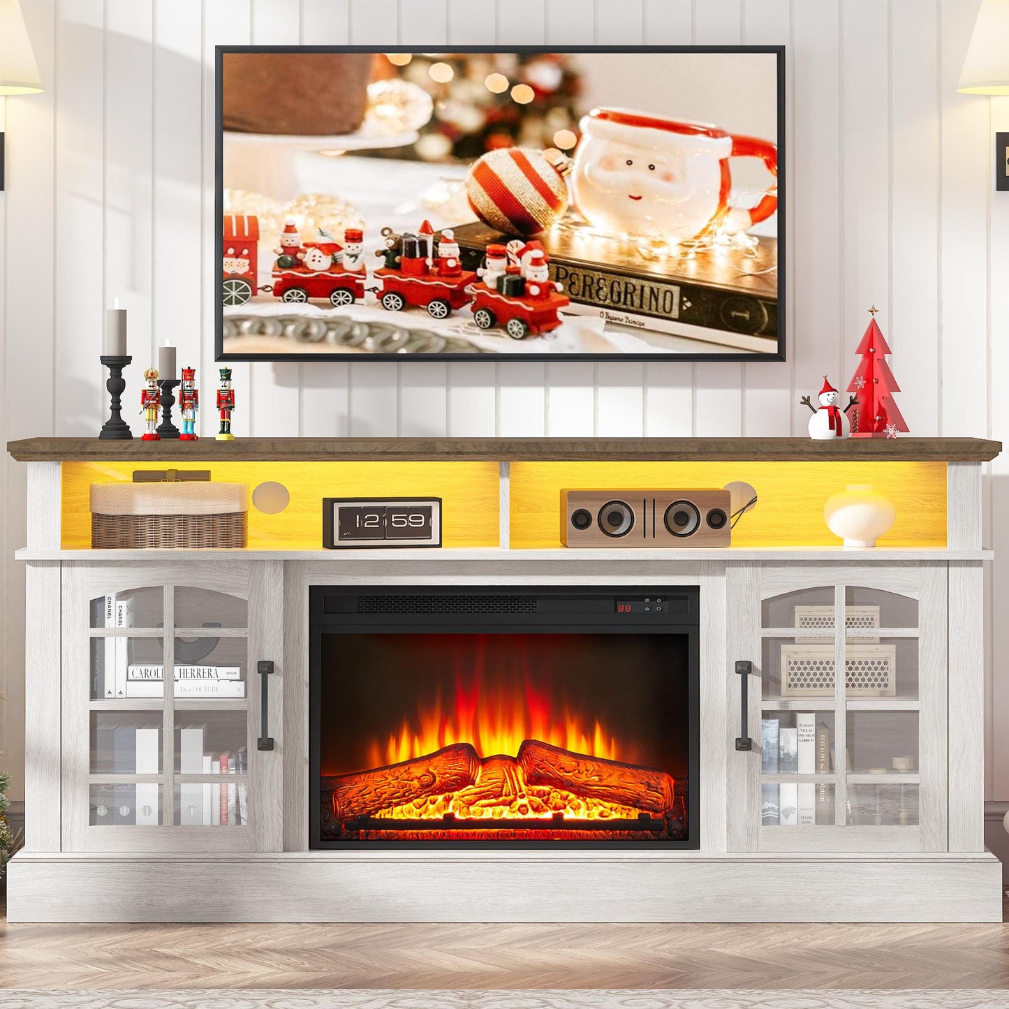 SESSLIFE Fireplace TV Stand with LED Light for 65 Inch TV, TV Console with Electric Fireplace, Console Entertainment Center Television Table for Living Room or Bedroom, White+Brown