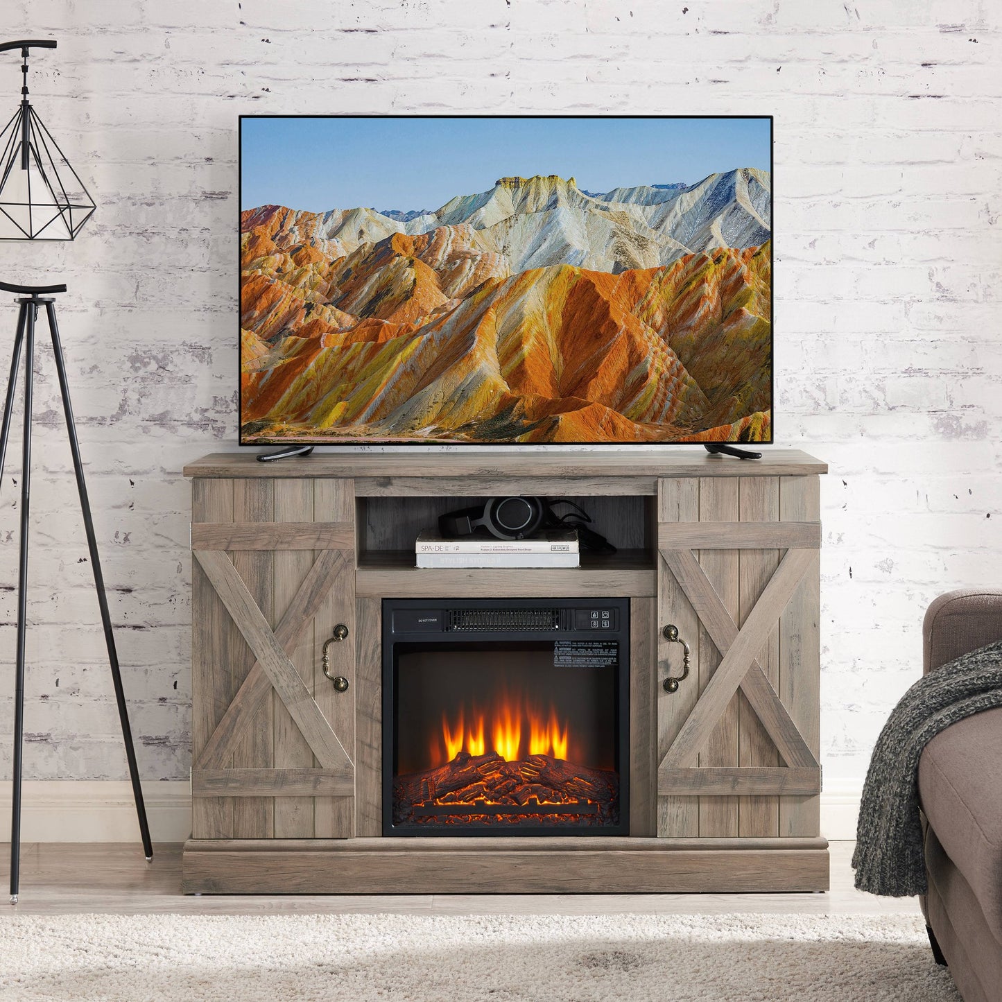 SESSLIFE Modern TV Stand for 55 Inch TV, TV Console with Electric Fireplace, Console Entertainment Center Television Table for Living Room or Bedroom, Light Gray