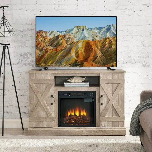 SESSLIFE Modern TV Stand for 55 Inch TV, TV Console with Electric Fireplace, Console Entertainment Center Television Table for Living Room or Bedroom, Light Gray
