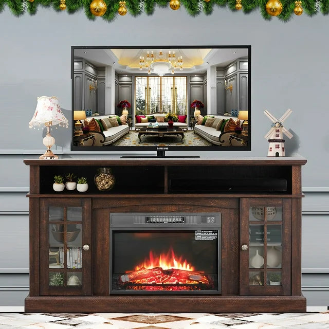 SESSLIFE Modern TV Stand for 65 Inch TV, TV Console with Electric Fireplace, Console Entertainment Center Television Table for Living Room or Bedroom, Brown
