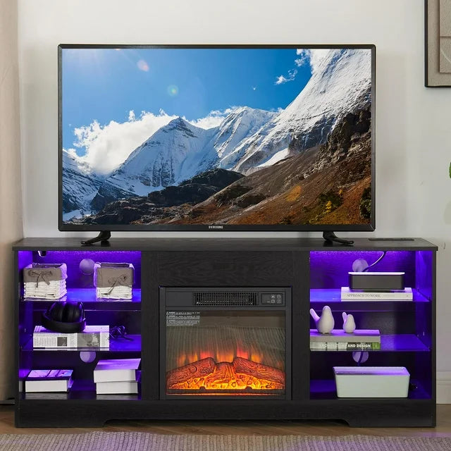 SESSLIFE Electric Fireplace TV Stand with USB Charging Outlet for 65 Inch TV, TV Console with Glass Shelves, Console Entertainment Center Television Table for Living Room or Bedroom, White