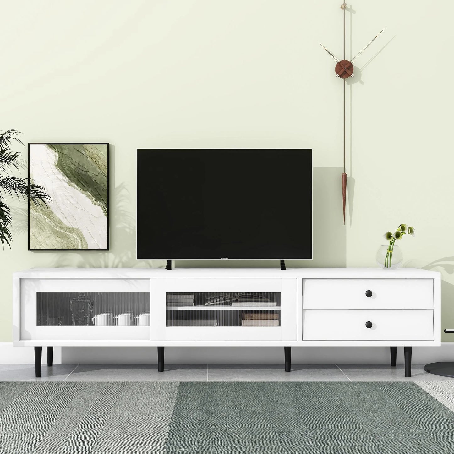 SESSLIFE Black TV Stand with Sliding Fluted Glass Doors for 75 Inch TV, Modern TV Cabinet with 2 Drawers, Living Room Entertainment Center