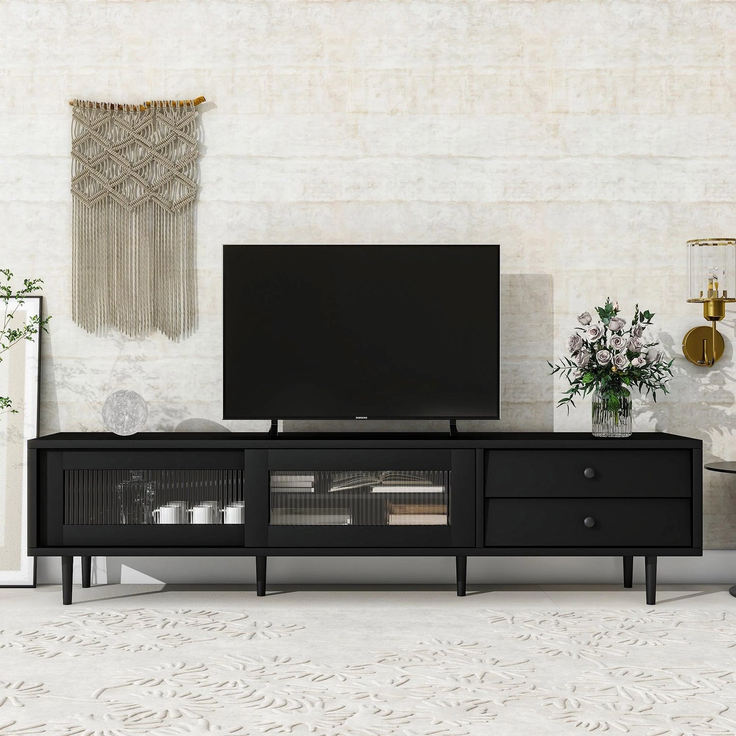 SESSLIFE Black TV Stand with Sliding Fluted Glass Doors for 75 Inch TV, Modern TV Cabinet with 2 Drawers, Living Room Entertainment Center